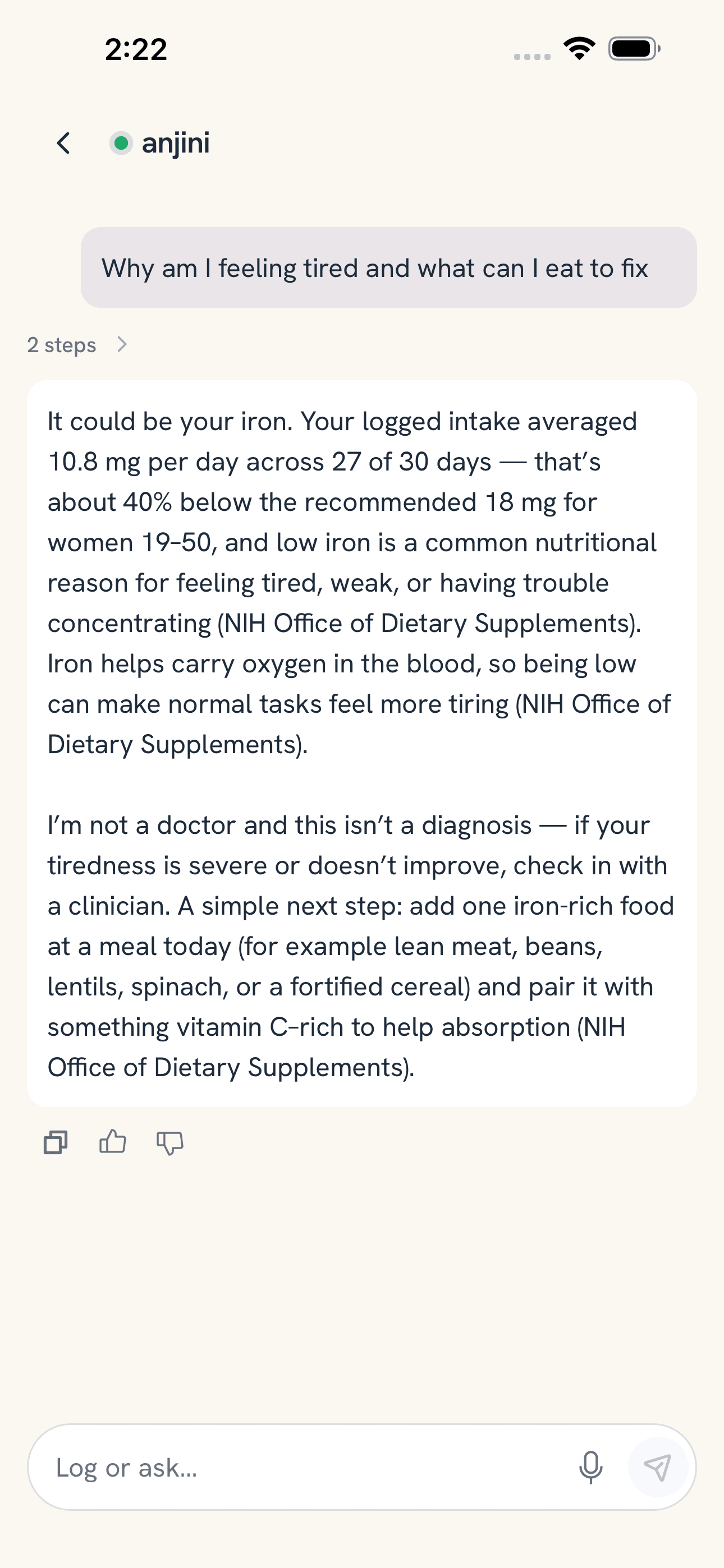 Anjini coach chat screen answering a question from the user’s own health data