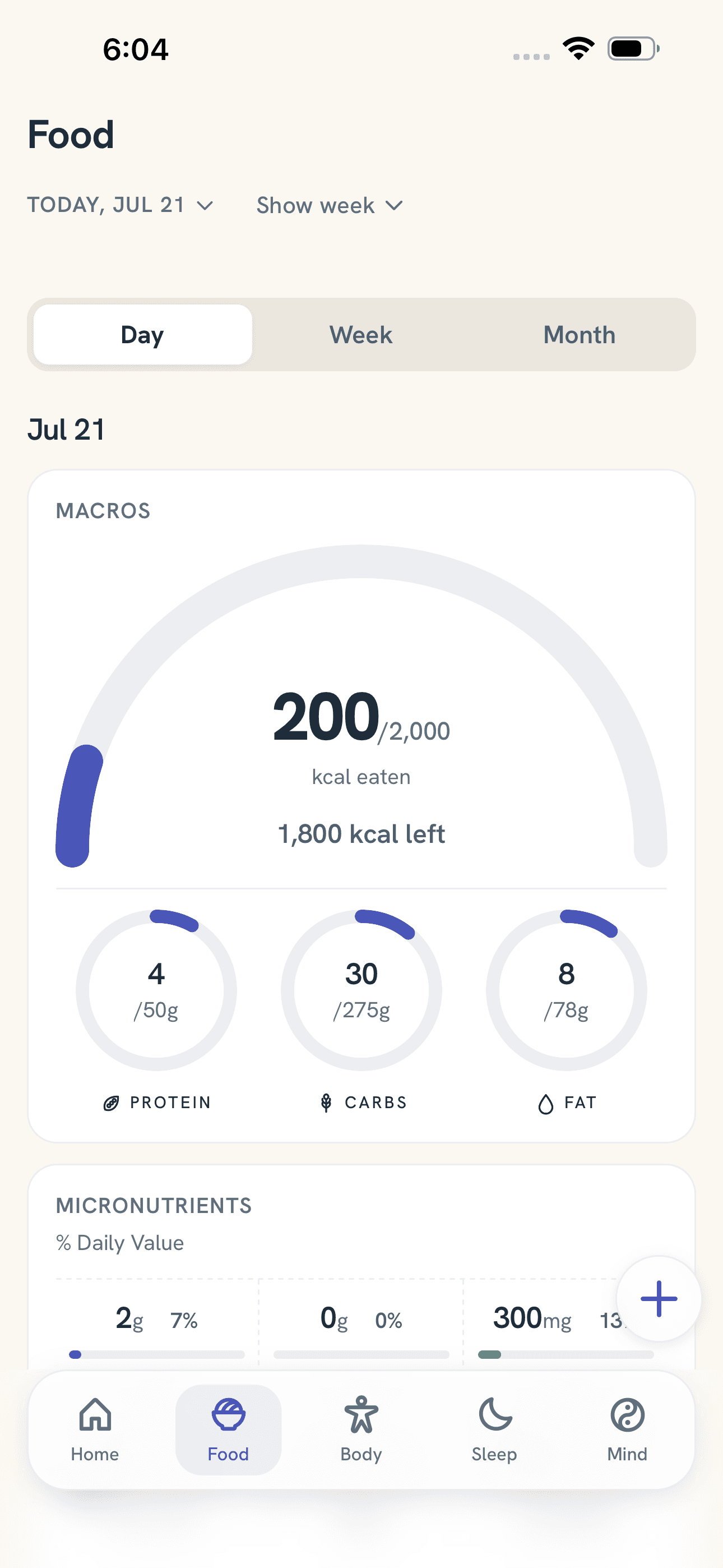 Anjini meal-logging screen showing calories, macros, and micronutrients from a photo